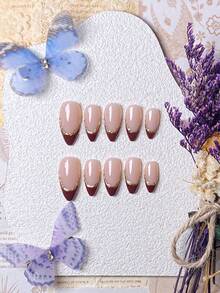 10片手工按压式美甲贴，短指甲，假指甲，杏仁形，法式美甲，粉色、黑色、红色、绿色、棕色、金色、豹纹，可爱简约优雅风格，手工绘制不对称法式金色藤蔓边缘，闪亮猫眼法式尖头，适合女性和女孩的杏仁形美甲贴纸，美甲用品，手工按压式美甲贴 - 紅色 - 查看 2