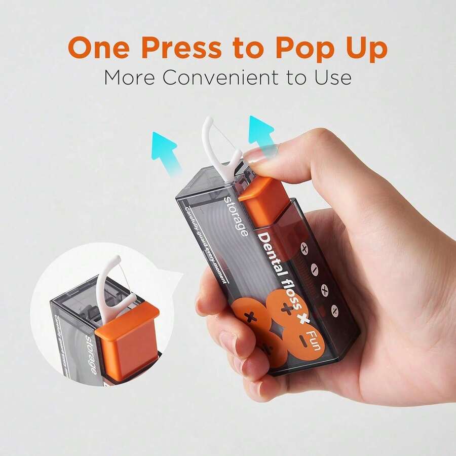1 Piece Orange Portable Floss Dispenser, Floss Picks With 2025 Designed Bracket, Automatic Floss Organizer, Oral Care Press-Type Disposable Floss Sticks (Including 10 Pieces Of Floss), Suitable For Travel, Business Trips And Daily Use - 橘色 - 查看 1