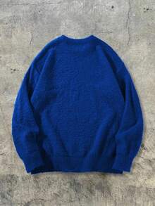 Unisex Fluffy Casual Loose Fit Crew Neck Textured Solid Color Pullover Sweater, Versatile Long Sleeve Knit Top For Autumn & Winter - Blue - View 9