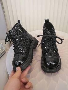 1 par de botas de cuero brillante y elegantes para niños y niñas, botas cálidas para exteriores, botas casuales para niños pequeños, botas para todas las estaciones