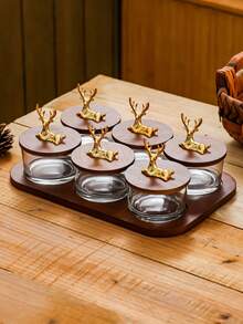 1件套豪华甜品碗配红木托盘，家用水果盘，小吃托盘，客厅隔间果盘，茶室玻璃碗甜点，红木托盘，礼物 - 金色 - 查看 15