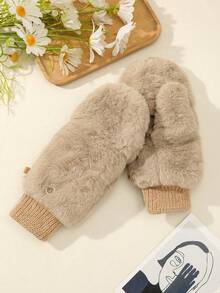 1 par de guantes sin dedos para mujer en color marfil, forrados térmicamente, cálidos y aptos para uso diario en invierno - Caqui - Ver 2