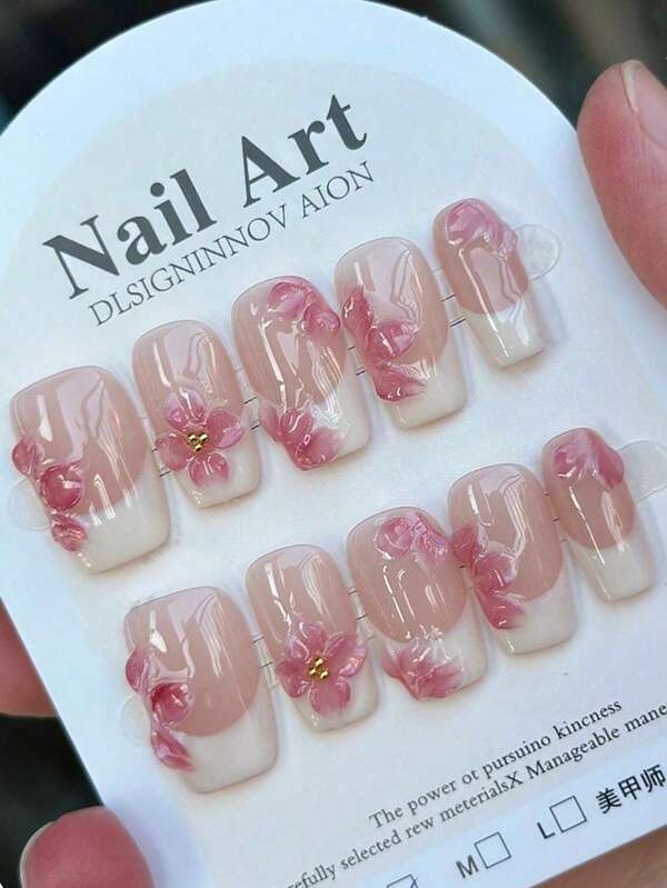 10pcs Pure Handmade Press On Nails Medium Nails Square Nails Bare Skin French Girls 3D Pink Floral Design Patch Nails, Handmade Full Coverage French Square Medium Length, Three-Dimensional Hand-Painted Flower Carving Design, Bright And Glossy, Pink And White, Duckbill Shaped High-End Minimalist Vacation Style Three-Dimensional Carving Elegant Nail Art