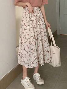 Falda larga de mujer plisada con estampado floral vintage, falda corta coreana, ropa de calle, falda midi, cintura elástica y cordón, falda halter de mujer - Albaricoque - Ver 1