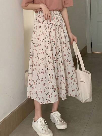 Falda larga de mujer plisada con estampado floral vintage, falda corta coreana, ropa de calle, falda midi, cintura elástica y cordón, falda halter de mujer