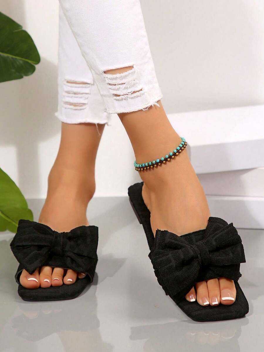 New Plus Size Women Comfy Simple Square Toe Cute Bow Knit Fluffy Slip-On Flat Sandals, Casual Fashion Outdoor Beach Slippers For Summer