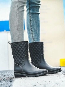 1双女士时尚雨靴，中筒防水靴，仿皮纹理，适合大码身材，户外穿着 - 黑色 - 查看 18