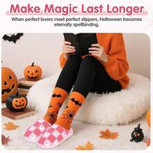 Cozy Plush Halloween Pumpkin Slippers, Non-Slip Fluffy Design - 粉紅色格子 - 查看 10
