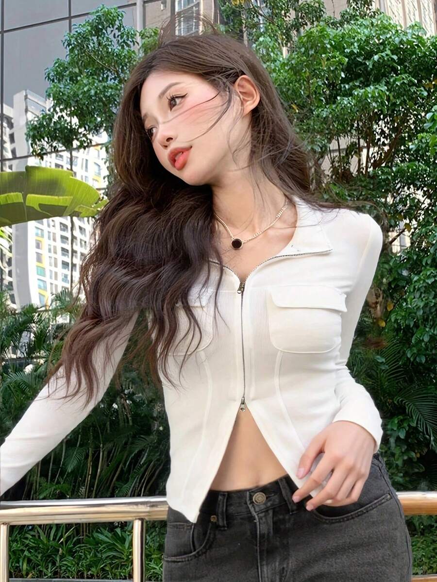 女士时尚双拉链长袖休闲T恤 - 白色 - 查看 1