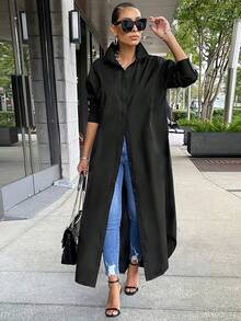 Elegant Women's Maxi Long-Sleeve Shirt Dress With Button Design Comfortable Loose Fit For Daily Office Wear All-Season Casual Style Garment Womenswear - 黑色 - 查看 6
