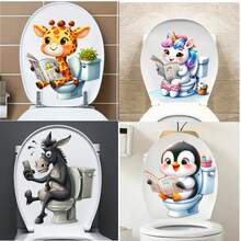 1pc Home Decorations Cute Funny Cartoon Animals Newspaper Reading Toilet Sticker - Waterproof Self-Adhesive Bathroom Sticker, Compatible With Ceramic Surfaces, Animal Theme, Square, Must-Have Decorative Sticker For Home, Toilet Decoration Items Refresh Your Home