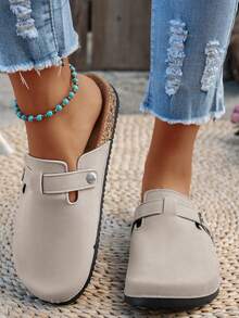 حذاء بيركنستوك مريح وغير قابل للانزلاق للنساء، سميك الوحدة، بتصميم مول مع إبزيم زخرفي، لون أحادي من الجلد المدبوغ الصناعي، صندل مسطح متعدد الاستخدامات للشاطئ والمنزل