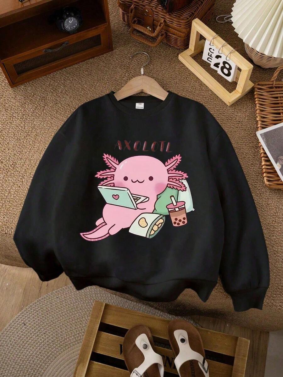 Áo nỉ cổ tròn in hình kỳ nhông Mexico hoạt hình, phong cách thường ngày thoải mái, phù hợp cho thời trang thu/đông, trang phục dễ thương. - màu đen - Xem 1