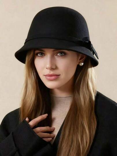 1顶女士秋冬法式复古优雅渔夫帽，纯色百搭圆顶帽，时尚淑女复古蝴蝶结装饰英伦风优雅派对/日常帽