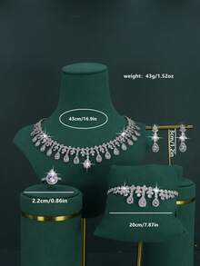 5pcs Luxury Royal Style Bridal Wedding Jewelry Set, Includes Necklace, Bracelet, Earrings, Ring, Handcrafted With White Cubic Zirconia, Suitable For Daily Wear And Wedding, Comes With Gold Gift Box, Christmas Gift - Teardrop Suit - View 3