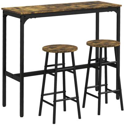 Bartisch-Set, 3-Piece Bar Table With Bar Stool Set, Industrial Design Dining Group, Kitchen Table With 2 Bar Stools, For Dining Room, Kitchen, Steel, Rustic Brown