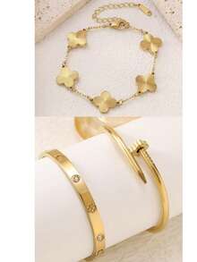 3 قطع/مجموعة سوار البرسيم، سوار نسائي من الفولاذ المقاوم للصدأ والتيتانيوم، إكسسوار موضة بسيط - متعدد الألوان - مشاهدة 4