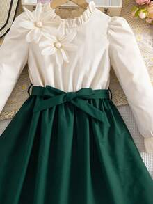 Girls' Elegant 3D Floral Beaded Design Ruffle Collar Long Sleeve Dress, Contrast Ruffle Hem And Decorative Waistband, Suitable For Spring And Autumn - Dark Green - View 6