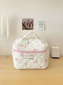 L/M/S Rosa Schleifenmuster Make-up Tasche Set, Blumen Kosmetiktasche, ästhetische Kulturtasche, Reise-Organizer für Frauen und Mädchen, große bedruckte Vintage-Steppdecken-Make-up-Tasche für Frauen, Hautpflege-Organizer-Tasche mit Blumendruck, Make-up-Organizer-Aufbewahrungstasche, Herbst-Uni-Essentials, Reise-Essentials, Urlaubsreise-Tasche für Frauen