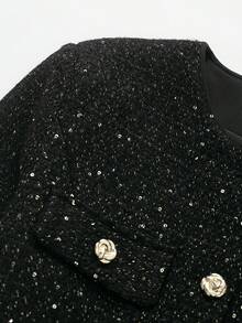 Women's Long Sleeve Metal Button Elegant Belted Tweed Jacket Coat