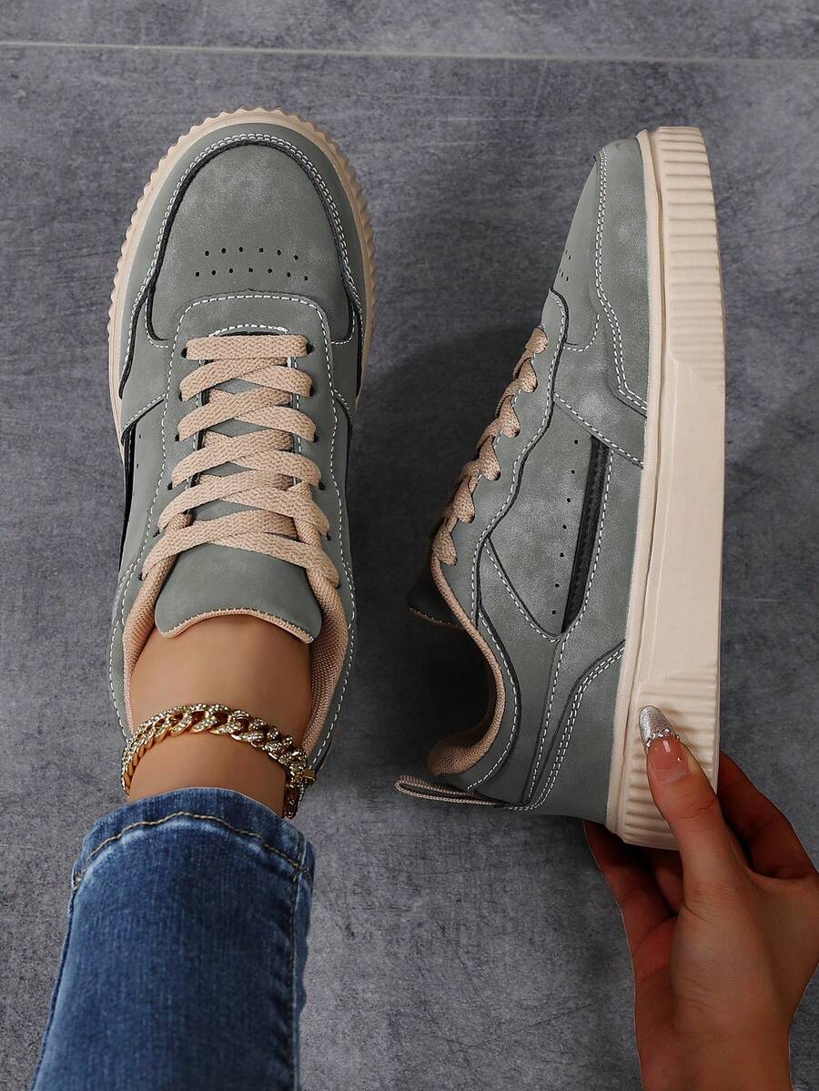女士休闲运动鞋，系带皮革运动鞋，时尚圆头低帮鞋，时尚透气学生鞋，滑板鞋，适合学生，轻质 EVA 鞋底鞋