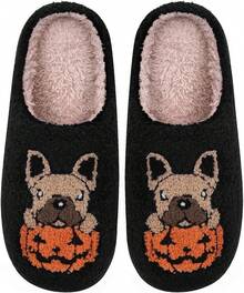 Cozy Plush Halloween Pumpkin Slippers, Non-Slip Fluffy Design - Black Pug - View 1