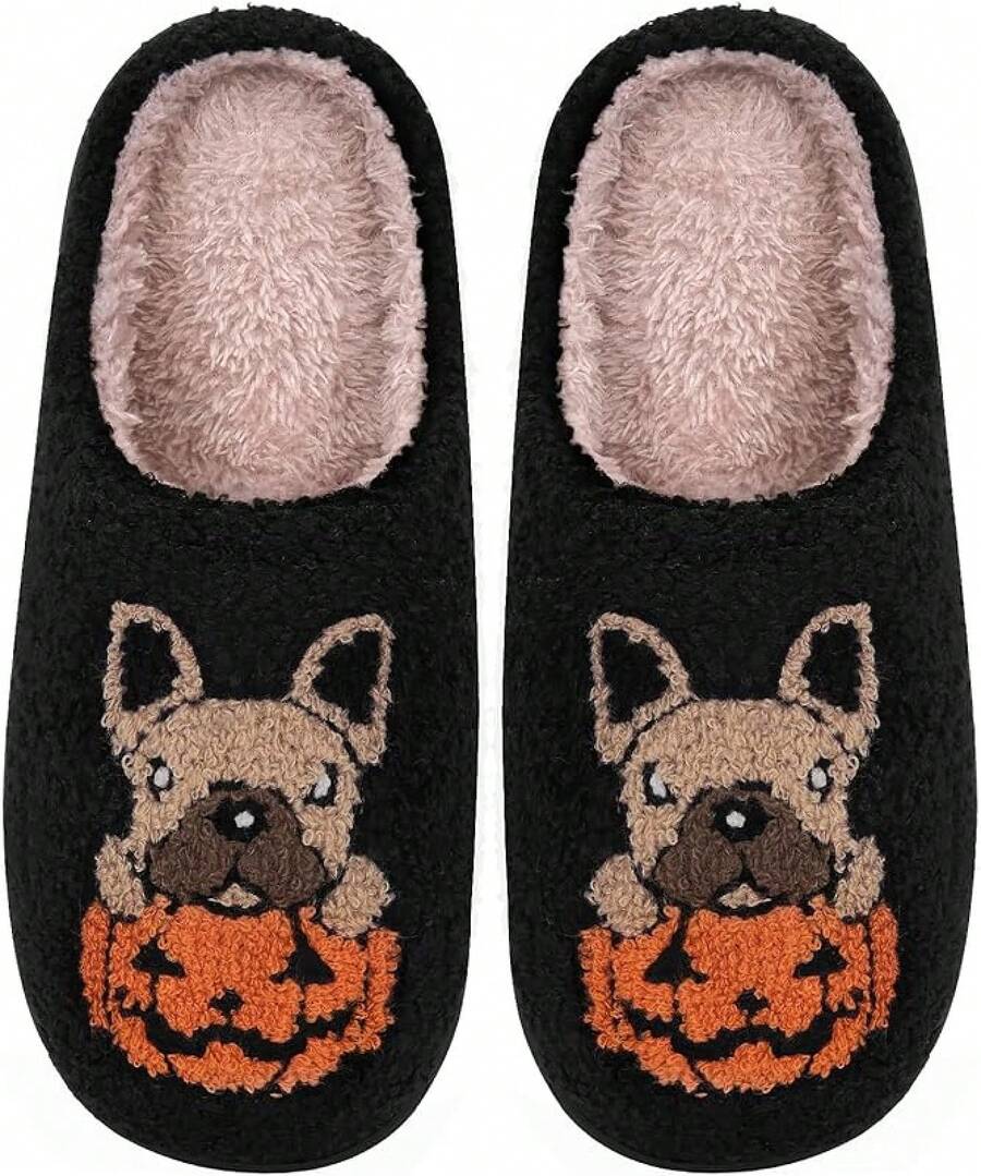 Cozy Plush Halloween Pumpkin Slippers, Non-Slip Fluffy Design - Black Pug - View 1