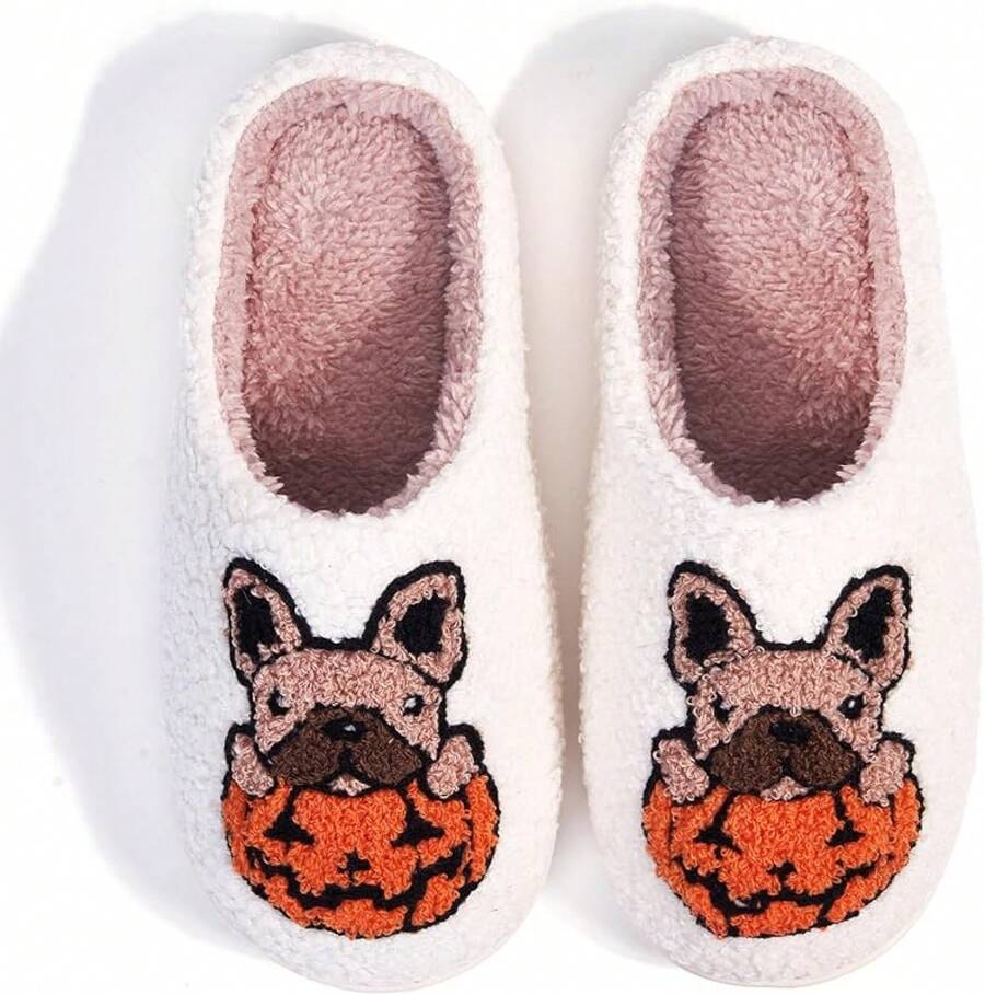 Cozy Plush Halloween Pumpkin Slippers, Non-Slip Fluffy Design - 白巴哥犬 - 查看 1