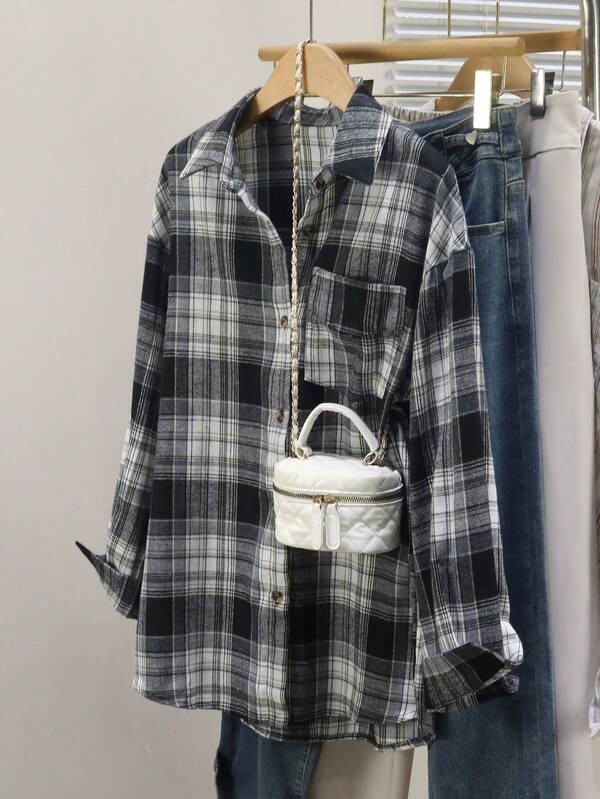 Damen Karohemd mit Knopfleiste und Taschen, lässig-elegante, vielseitige Bluse in Oversize-Passform für Frühling, Herbst, Winter