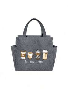 2pcs/Set Lunch Bag Insulated Bag, Printed Coffee Pattern Lunch Bag, With Black Cutlery Storage Bag, Double Pocket Lunch Box Bag, Large Capacity, Student Teacher Meal Insulated Cooler Bag, Portable Travel Picnic Bag, Office School Lunch Bag, Insulated Lunch Box, Work Lunch Box, Office Holiday Lunch Box, Multifunctional Camping School Lunch Box, Unisex, Back To School Gift