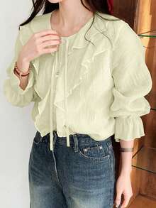 2026春秋新款荷叶边袖口长袖女式衬衫 - 杏色 - 查看 5