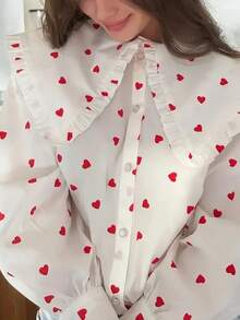 Women's Elegant French Heart Pattern Ruffle Collar Blouse - Polyester, Machine Washable, Perfect For Spring/Autumn - White - View 2
