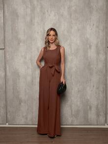 Elegant Linen Pantaloon Jumpsuit With Wide Legs And Discreet Pockets. TAILORED OVERALL WITH POCKET AND BELT. - Rust Brown - View 3