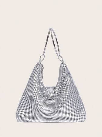 女士时尚金属腋下包，高端闪亮单肩包，适合派对、夜总会、正式场合、宴会，带钻石铝箔的手拿包