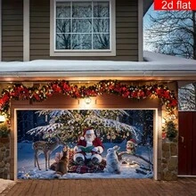 1 pieza Pancarta grande de poliéster para puerta de garaje, paisaje nevado invernal con Papá Noel y animales, durable y fácil de colgar, adecuada para decoración de pared en fiestas de Navidad y Año Nuevo - Rojo y blanco - Ver 3
