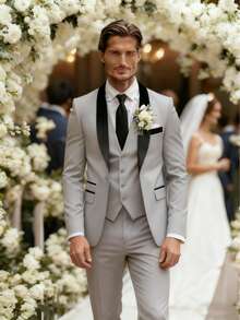 Men's Suit Elegant Men's Three-Piece Suit, Suitable As A Wedding Suit Or Business Suit. It Includes A Shawl Collar Suit Jacket, A Waistcoat And Matching Trousers, Featuring A Business Casual Style With A Solid Color, Simple And Sophisticated Design. Ideal For Occasions Such As Daily Casual Wear, Holiday Events, Business Settings, Weddings, Dances, And Commuting To Work, It Also Makes An Excellent Gift For Boyfriends Or Husbands. - Xám - Xem 1