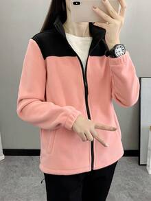 女士户外抓绒外套，立领，修身，加厚，保暖，适合徒步、运动、秋冬季、滑雪 - 粉色 - 查看 6