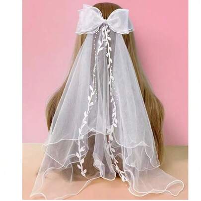 1件手工白色花朵新娘头饰，森林公主风发饰，可爱婚礼头饰，花童发饰，白色新娘面纱情人节配饰