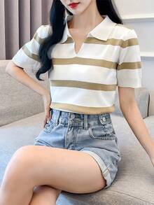 Camiseta casual de verano para mujer, moderna, de manga corta, con estampado a rayas de cereza - Rojo - Ver 3