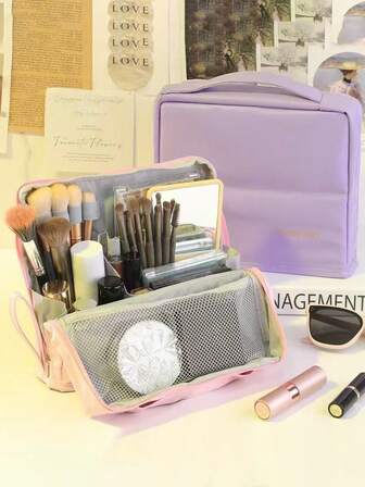 1 Piece PU Leather Material Vertical Large Capacity Multi-Pocket Cosmetic Bag Cosmetic Bag, Portable Storage Bag, Portable Vertical Cosmetic Bag With Compartments, Large Capacity Multi-Functional Toiletries And Stationery Storage Bag, Large Capacity Portable Skin Care Bag Travel Essential Bag, Suitable For School Holiday Back To School Supplies Women's Travel Bag