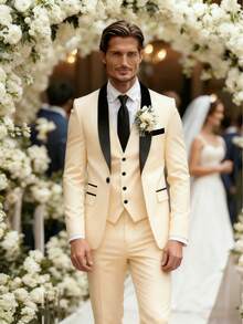 Men's Suit Elegant Men's Three-Piece Suit, Suitable As A Wedding Suit Or Business Suit. It Includes A Shawl Collar Suit Jacket, A Waistcoat And Matching Trousers, Featuring A Business Casual Style With A Solid Color, Simple And Sophisticated Design. Ideal For Occasions Such As Daily Casual Wear, Holiday Events, Business Settings, Weddings, Dances, And Commuting To Work, It Also Makes An Excellent Gift For Boyfriends Or Husbands. - 米色 - 查看 1