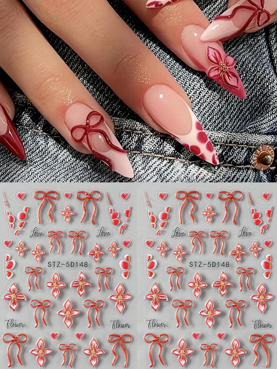 2PCS 5D Charm Nail Stickers Red Flowers Bow Design Slider Decals Nail Supplies And Decorations DIY Manicure Accessories Tool