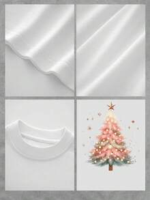Cómoda camiseta con estampado gráfico de árbol navideño para mujer, con ramas en tonos pastel rosa y azul, luces brillantes y una estrella en la parte superior. Elegante top de manga corta de temporada. - Blanco - Ver 4