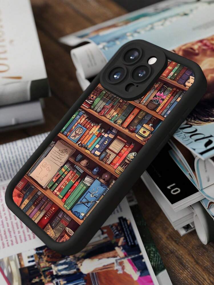 Una estantería y una funda para  con diseño de libros, adecuada para los modelos  16E, 15, 14, 13, 12 y 11/XS MAX/XR/MINI/Pro/PLUS/Pro MAX, compatible con Samsung S25/S24 ULTRA/S23 FE/S22 PLUS/ S21/S20/NOTE20/A55/A54/A35/A34/A32/A25/A24/A21S/A16/A15. Fabricada con material TPU, esta funda protectora ofrece absorción de impactos, resistencia a caídas y protección contra manchas, lo que la convierte en una opción esencial para uso personal o para regalar. Perfecta para San Valentín, Halloween, Navidad y otras ocasiones festivas. - Negro - Añade 3