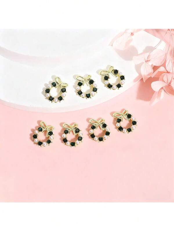 10pcs Shiny & Beautiful Christmas Nail Art Decor Wreath, French Nail Charms Alloy AB Color Red, Green, Gold - Glossy Bow Design Nail Stickers, Rhinestone Wreath Decor Sweet Simulated Pearl Wreath Decor Almond Ballet Round Oval Nail Jewelry, Suitable For DIY Nails, Holiday Styles - Perfect For Christmas Party, Valentine's Day, Birthday Party And Gifts - Nail Salon Or Home Use, Holiday Style, Sparkling Embellishment