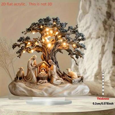 2D 平面，1 件波西米亚风格亚克力耶稣诞生场景装饰 - 8 英寸方形 2D 平面宗教桌面展示，包括玛丽、约瑟夫、牧羊人与羊、繁星点点的夜空和发光的树木 - 家庭、办公室、咖啡厅、教室装饰