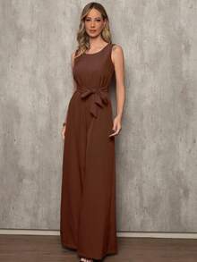 Elegant Linen Pantaloon Jumpsuit With Wide Legs And Discreet Pockets. TAILORED OVERALL WITH POCKET AND BELT. - Rust Brown - View 1