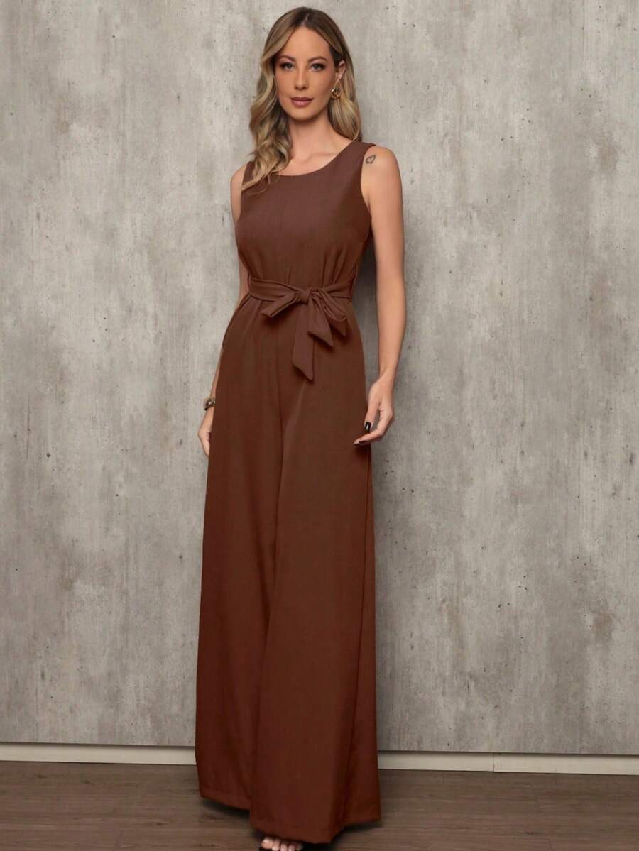 Elegant Linen Pantaloon Jumpsuit With Wide Legs And Discreet Pockets. TAILORED OVERALL WITH POCKET AND BELT. - Rust Brown - View 1