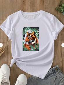 Blusa Feminina T-shirt Camiseta Básica em Algodão Estilosa Casual Moda Tigre com folhagens - Branco - Visão 1