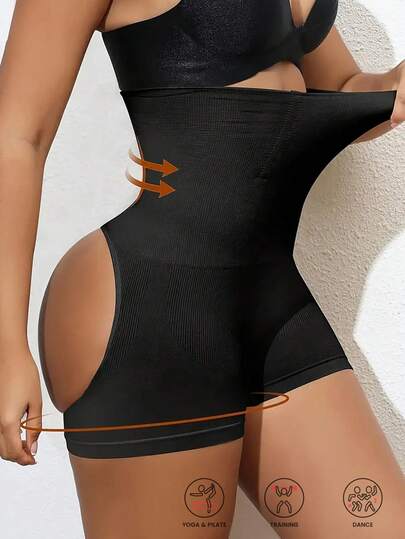 1 pieza Pantalones cortos de cintura alta que levantan el trasero [Ajuste ceñido], Pantalones moldeadores deportivos transpirables, Bragas sin costuras que realzan el trasero, Leggings negros de primavera que revelan el trasero para mujer